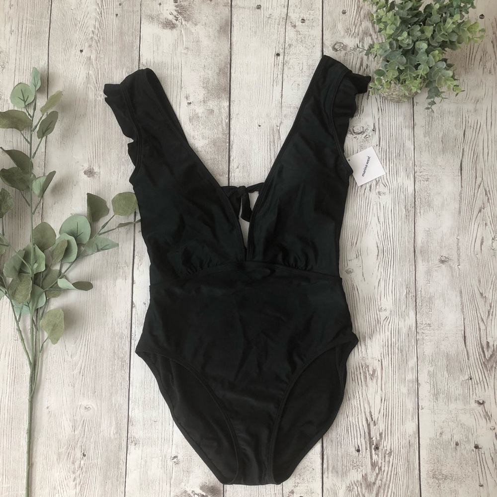 Black Deep V Cutout One Piece Swimming Suit